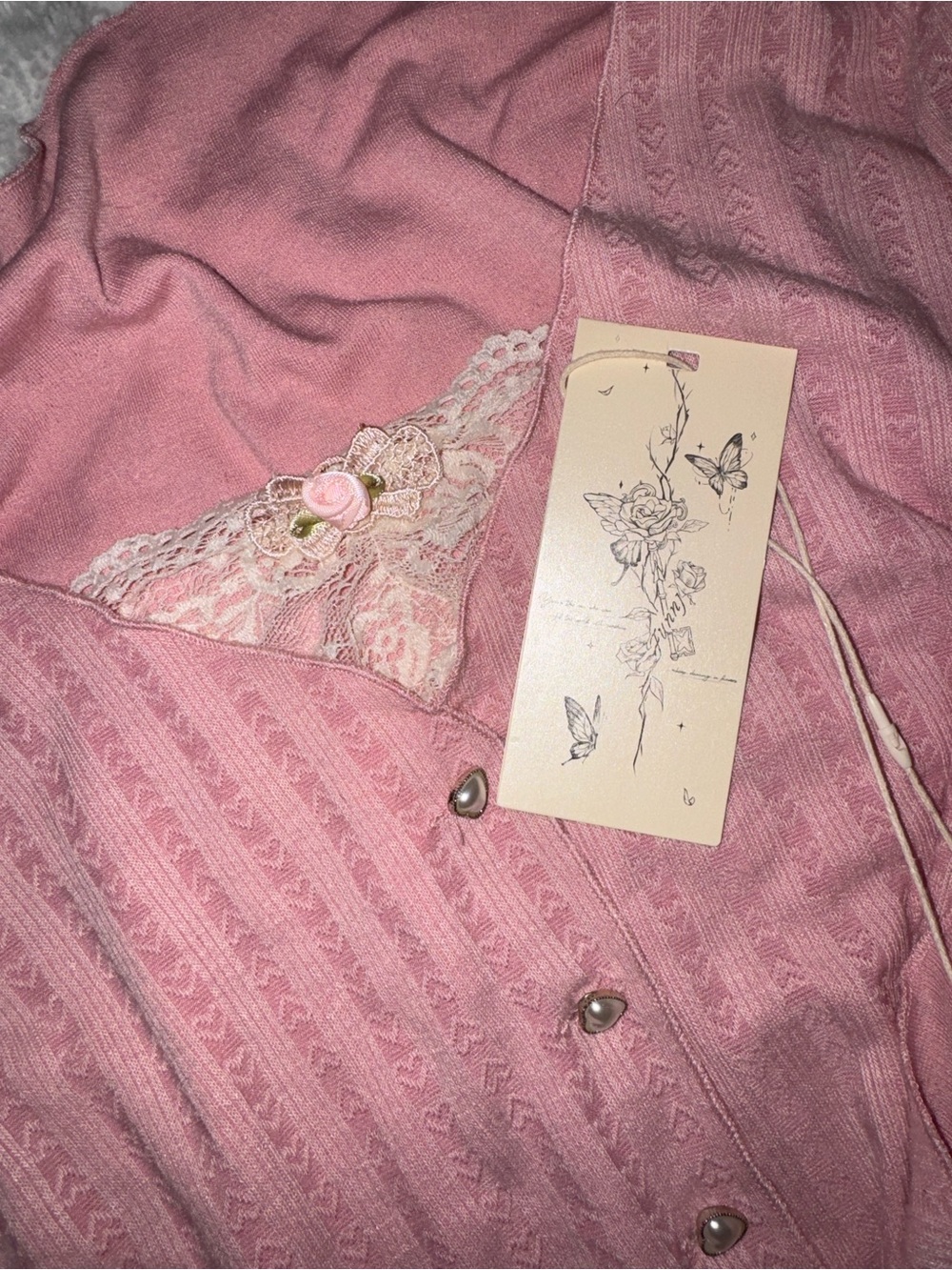 Women’s Pink Ribbed Lace-Trim Button Cardigan - Picture 3 of 3